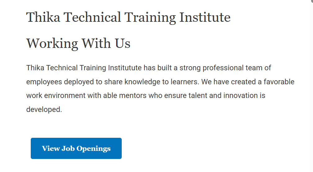 8 Vacancies Open at Thika Technical Training Institute