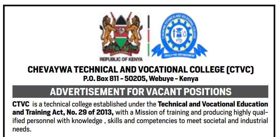 Chevaywa Technical and Vocational College Recruitment 2026 – 4 Permanent Positions