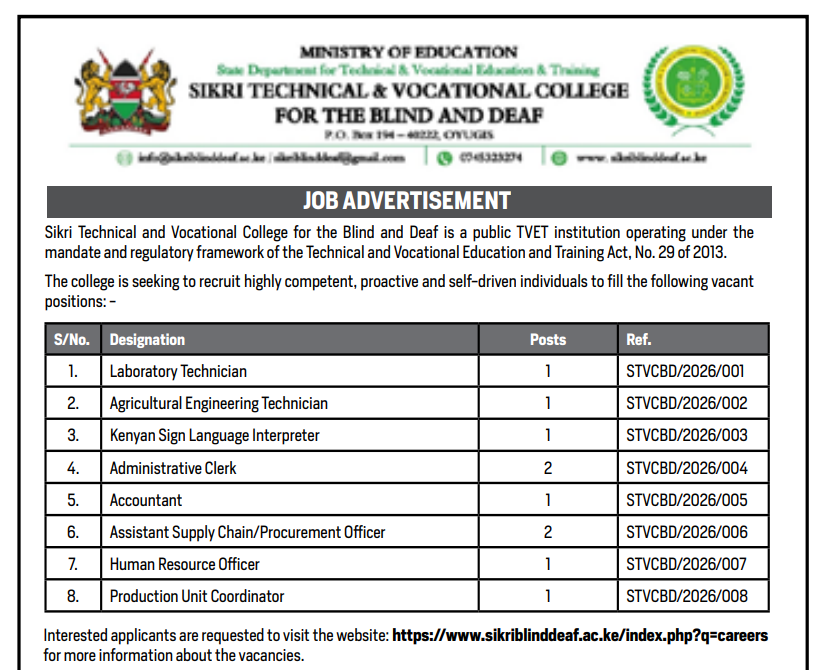 10 Vacancies Open at Sikri Technical and Vocational College for the Blind and Deaf