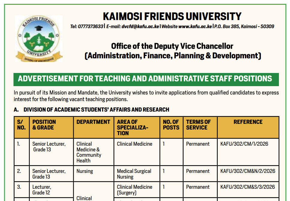 19 Vacancies Open at Kaimosi Friends University – May 2026 Recruitment