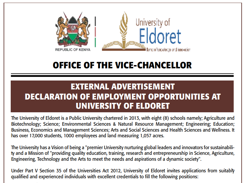21 Vacancies Open at University of Eldoret Jobs in Kenya – May 2026 Recruitment