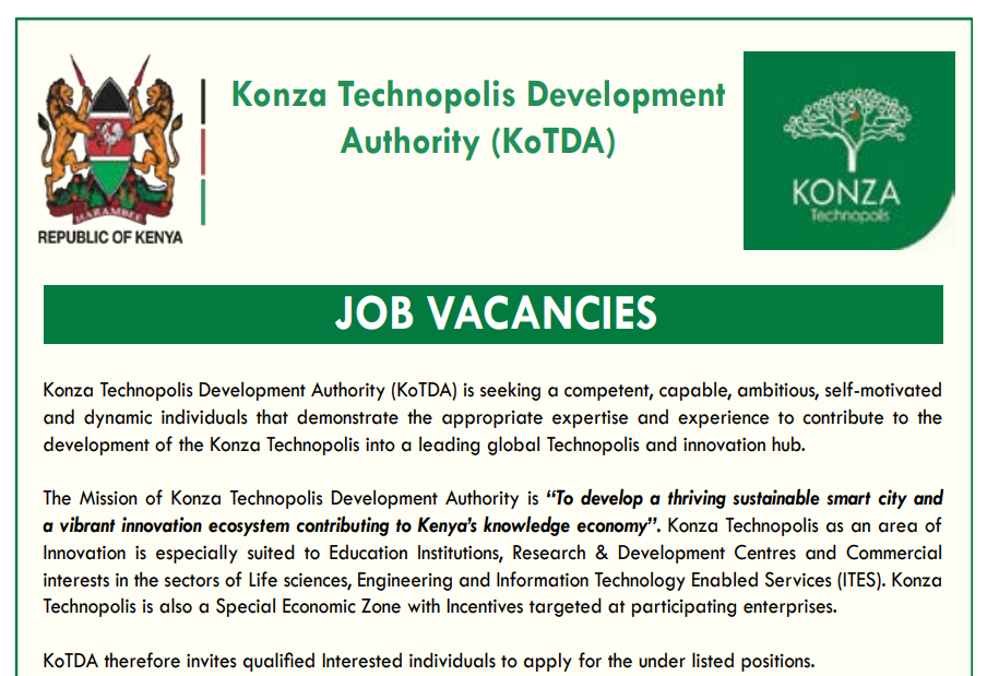 6 Vacancies Open at Konza Technopolis Development Authority (KoTDA) – May 2026 Recruitment