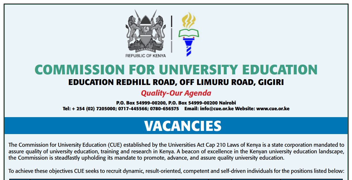 30+ Vacancies Announced at Commission for University Education (CUE)