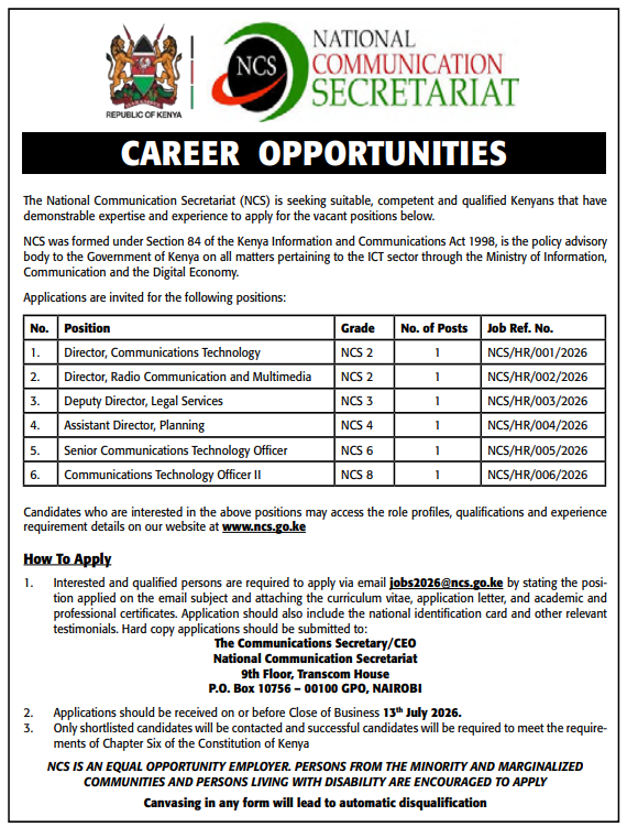 Kenya Utalii College, Turkana University & National Communication Secretariat Announce Job Vacancies for 2026; How to Apply